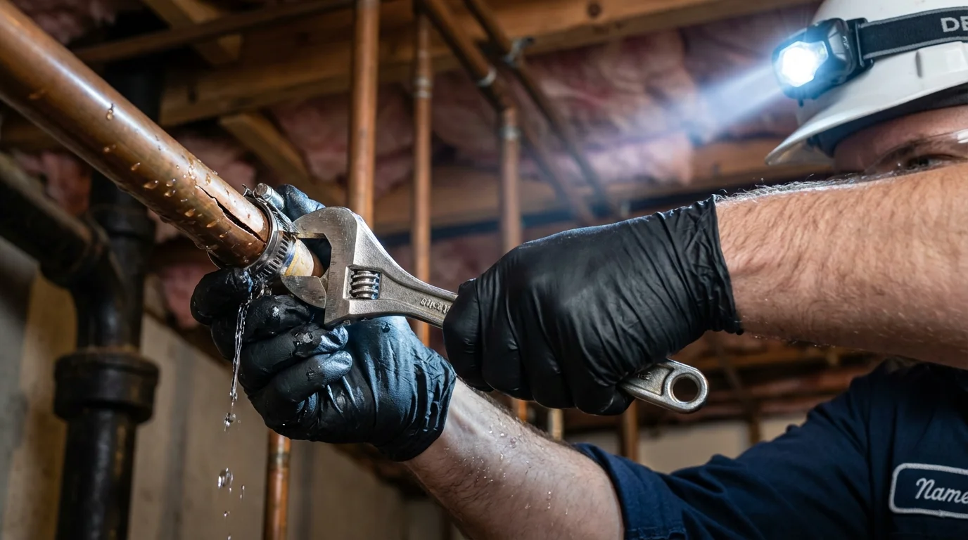 Emergency pipe clamp repair being performed by a Johns Plumbing LLC plumber in South Pasadena