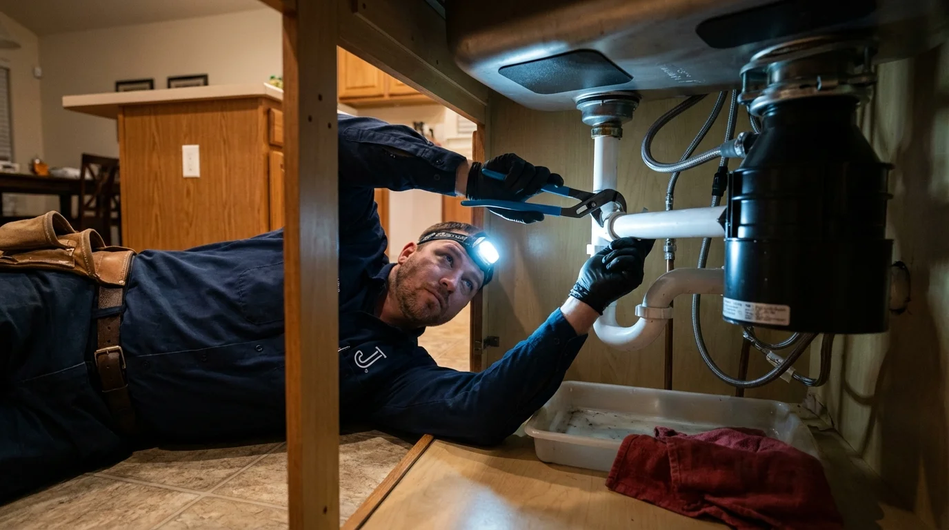 P-trap and supply line connections under a kitchen sink showing a common leak point in South Pasadena, CA